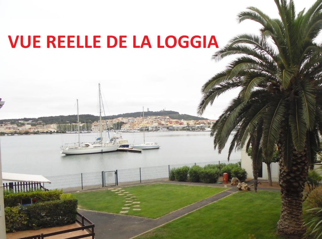 una palmera y un cuerpo de agua con barcos en ARCHE DE NOE 1, en Cap d'Agde