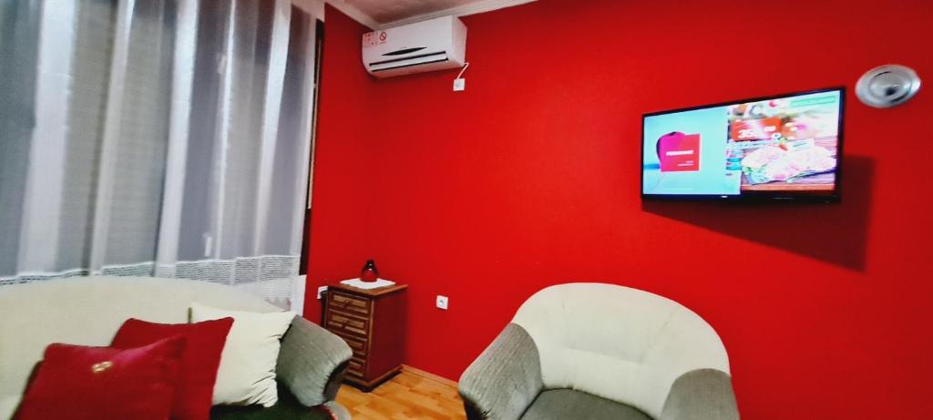 a red room with a couch and a tv on a wall at Felix Apartment in Soko Banja