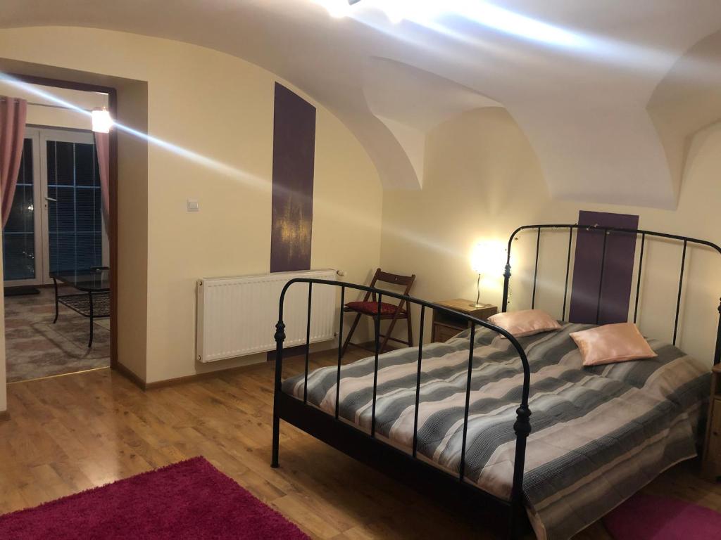 sypialnia z łóżkiem w pokoju w obiekcie Apartamenty Stokrotka w mieście Lądek-Zdrój