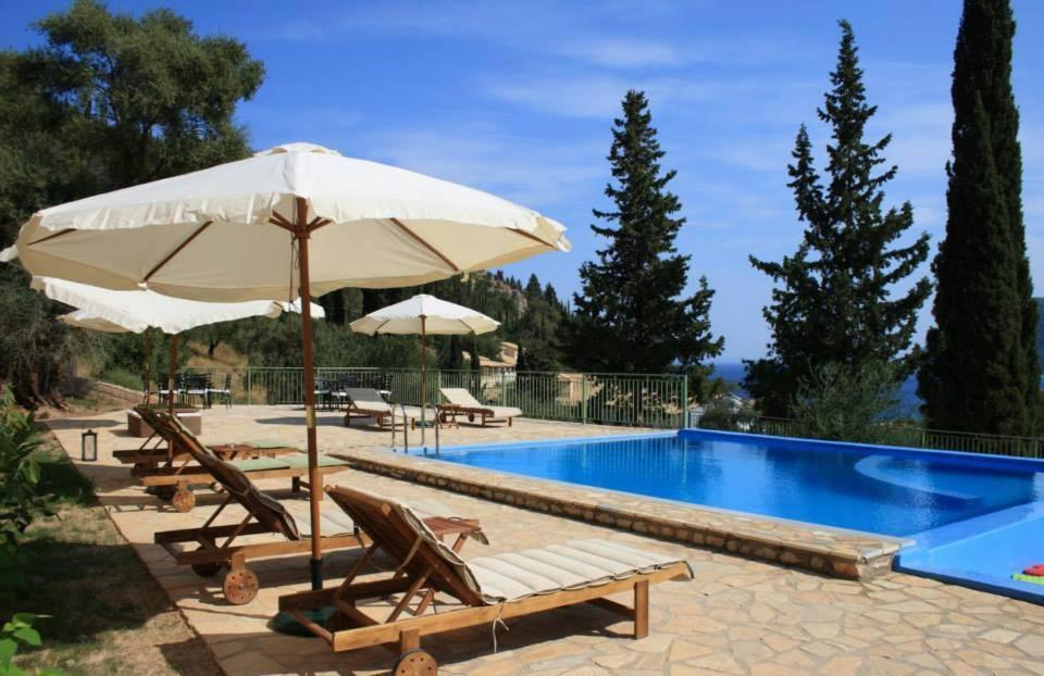 a pool with umbrellas and lounge chairs and a swimming pool at Lefkas Petra in Agios Nikitas