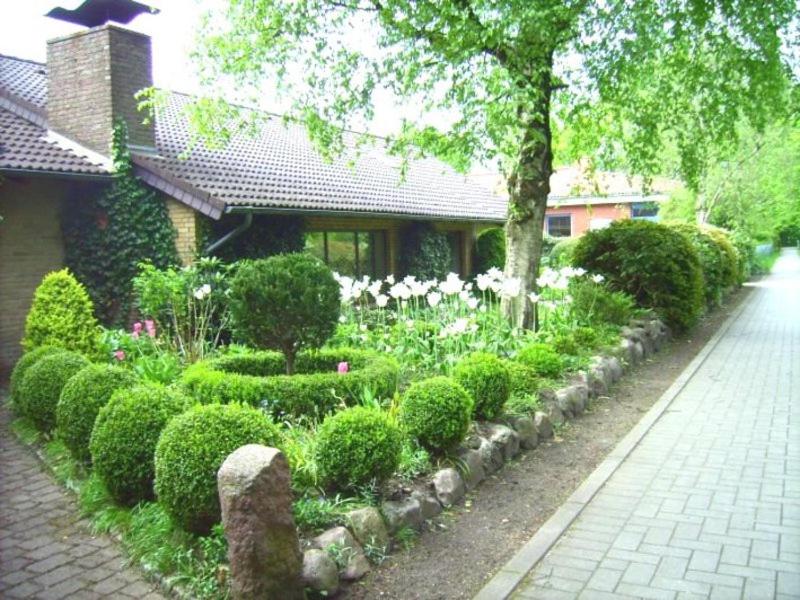 a garden in front of a house with bushes and flowers at Ferienwohnung Diena in Tarp