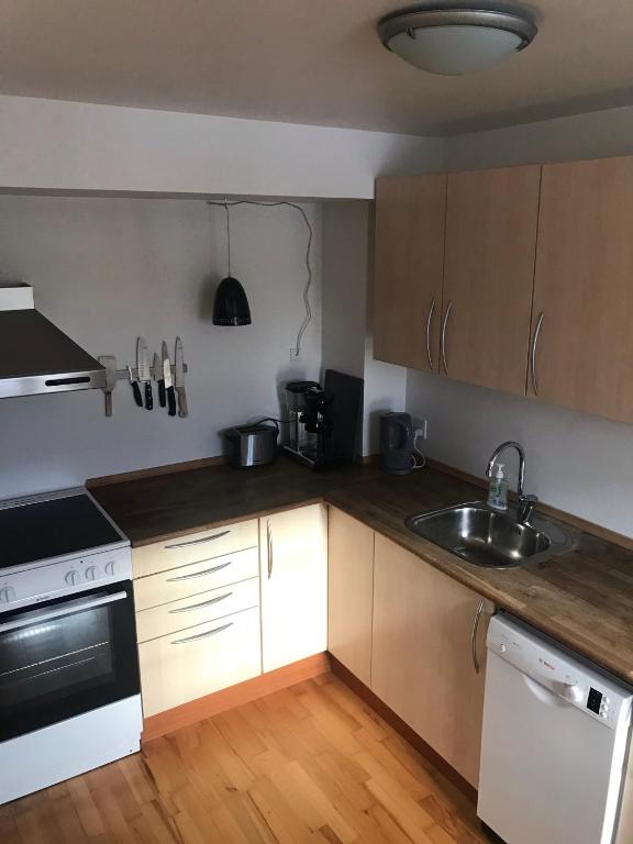 Kuchyň nebo kuchyňský kout v ubytování Strandsegård Ferielejlighed