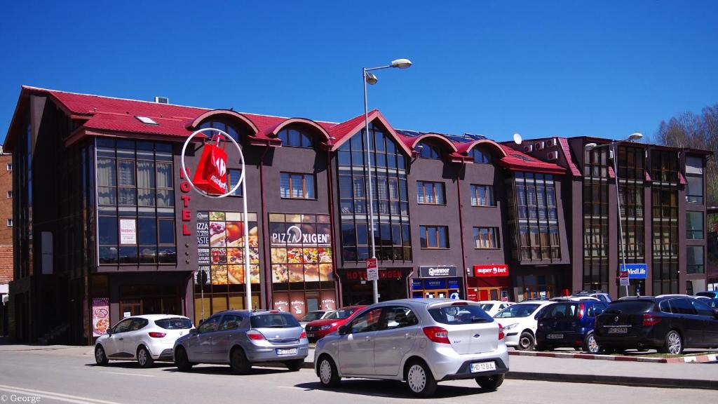 eine Gruppe von Autos, die vor einem Gebäude geparkt sind in der Unterkunft Hotel Oxigen Petrosani in Petroşani