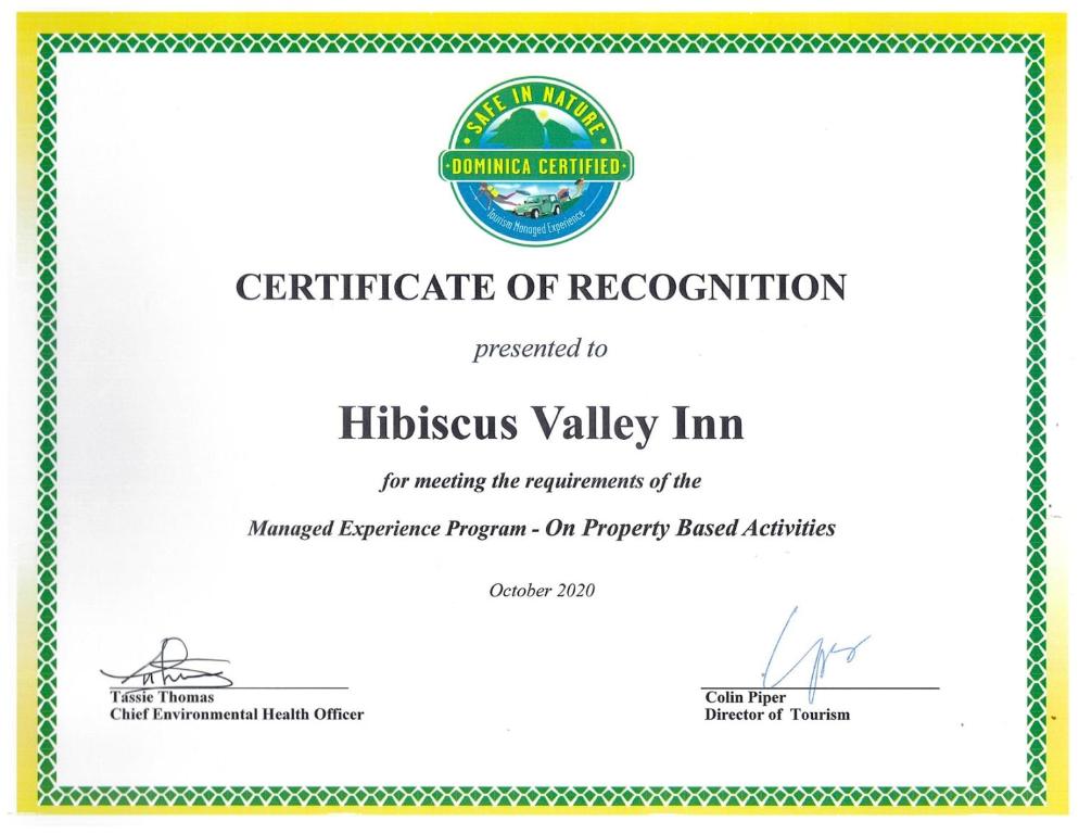 Certifikát, hodnocení, plakát nebo jiný dokument vystavený v ubytování Hibiscus Valley Inn