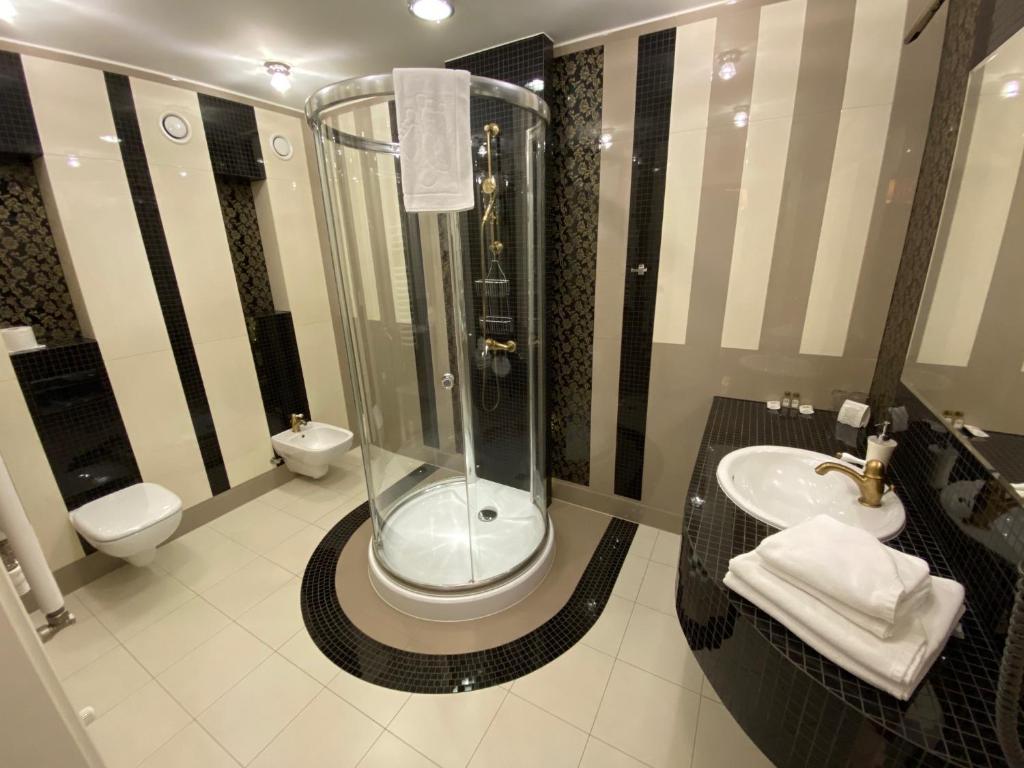 a bathroom with a shower and a sink and a toilet at Hotel Pałac Borynia in Jastrzębie Zdrój