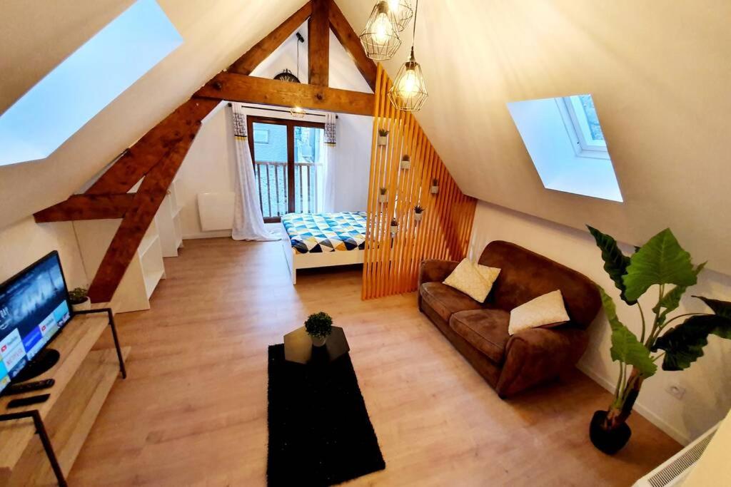 un salon avec un canapé et une télévision dans l'établissement Charmant Studio Hyper Centre, à Lourdes