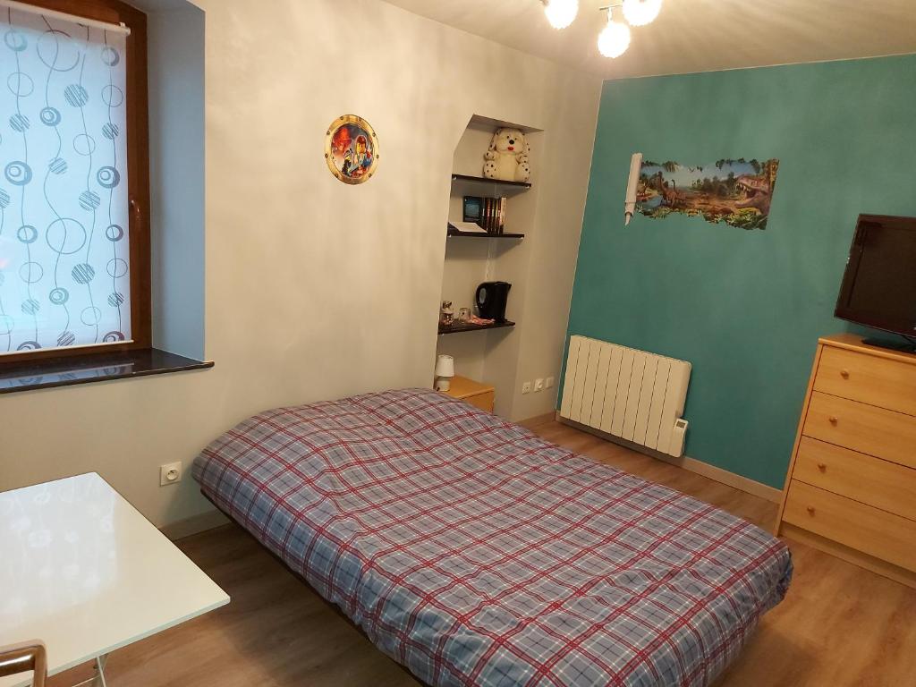 a small bedroom with a bed and a television at Chambre dans un écrin de verdure 