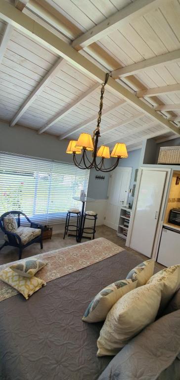 チャパドマラルにあるThe GaTe beach houseのシャンデリア付きのリビングルーム(大型ベッド1台付)