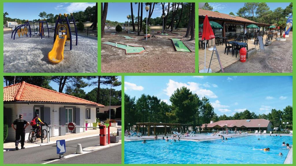 eine Collage mit vier Bildern eines Spielplatzes in der Unterkunft CHALET 407 KHELUS-CLUB in Gujan-Mestras
