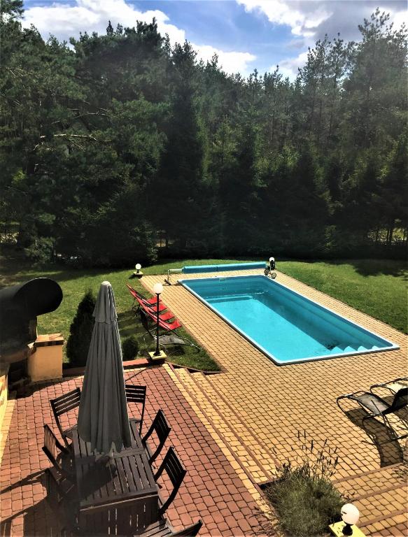basen na ceglanym patio z dwoma krzesłami w obiekcie Dom Letniskowy na Kaszubach z podgrzewanym basenem w mieście Ostrowite