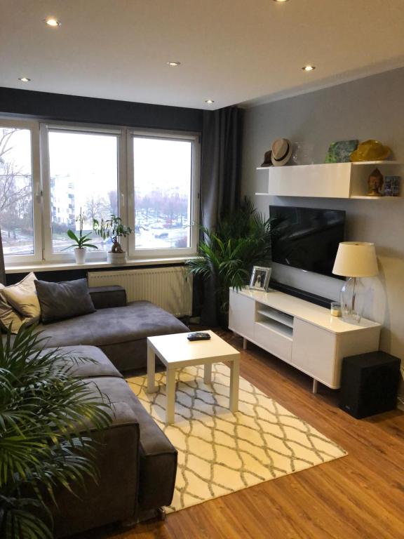 ein Wohnzimmer mit einem Sofa und einem TV in der Unterkunft Apartament White glove Kołobrzeska in Danzig