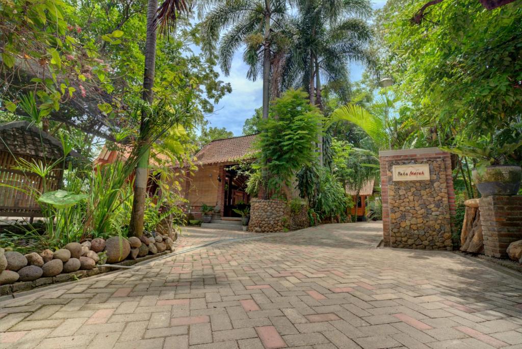 einen Gehweg vor einem Gebäude mit Palmen in der Unterkunft Bata Merah Homestay in Banyuwangi