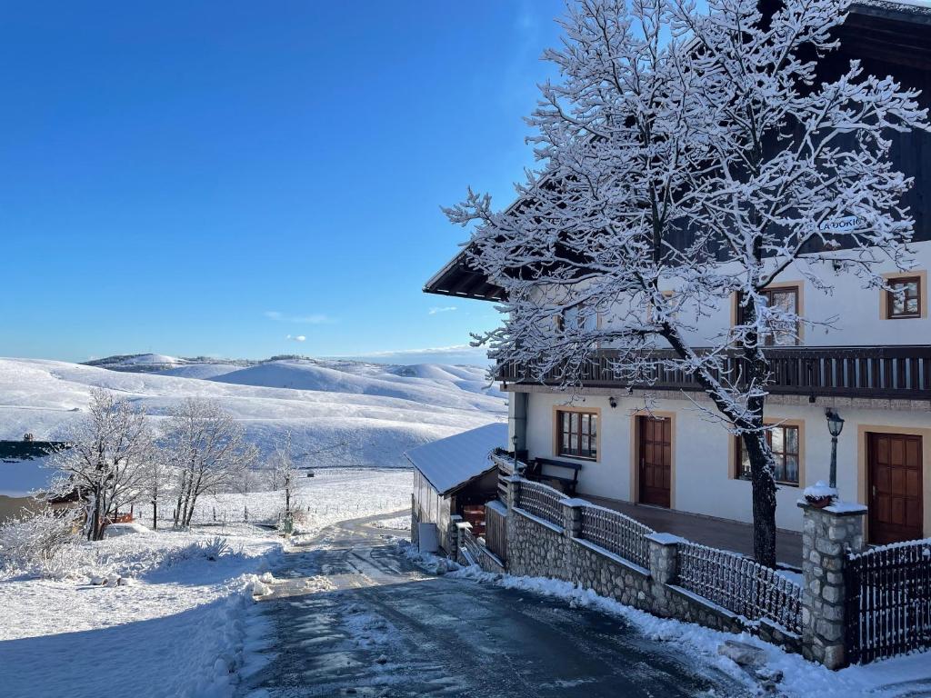 uma casa coberta de neve com uma árvore ao lado de uma estrada em Guest House Vila Djokic em Zlatibor