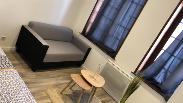 Cette chambre comprend un canapé, une chaise et des fenêtres. dans l'établissement The place to be, à Roubaix