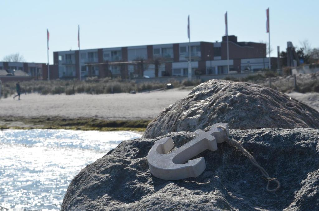 a pair of scissors sitting on a rock on the beach at Strandgut 63 in Scharbeutz