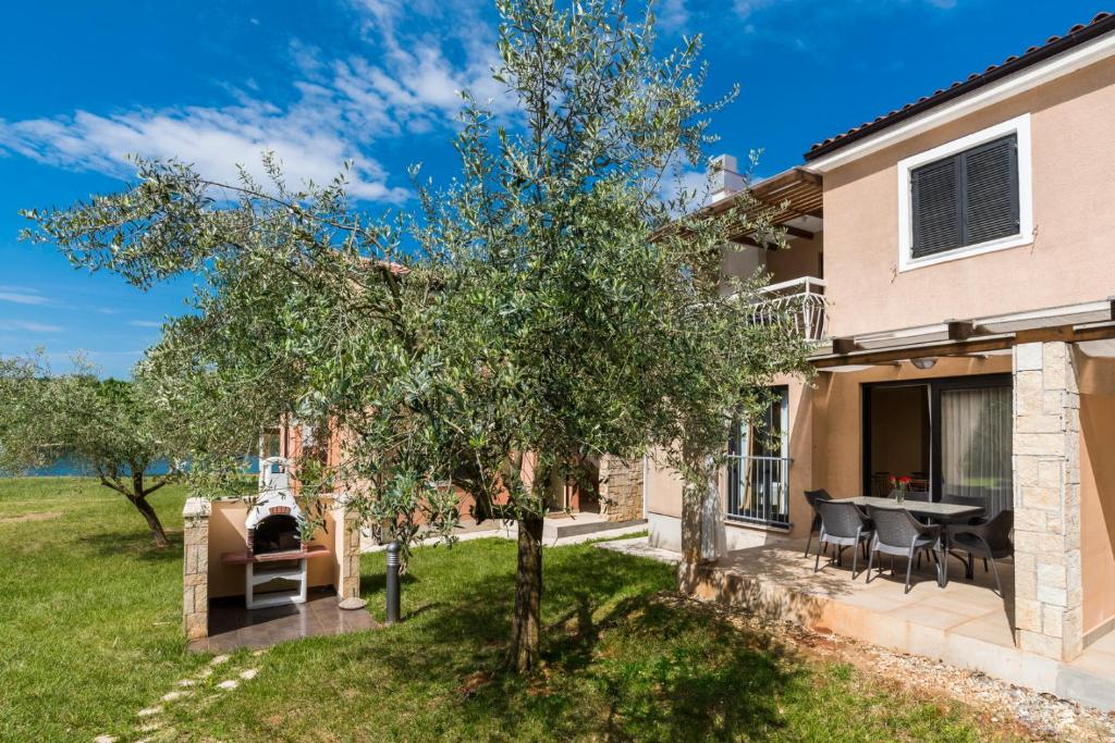 uma casa com uma árvore no quintal em Apartments Amfora Plava Laguna em Umag