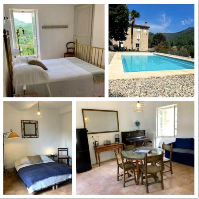 un collage de photos d'une chambre et d'une piscine dans l'établissement EcoVacances à la Ferme Le Pouget - Le Studio, à Saint-Jean-du-Gard