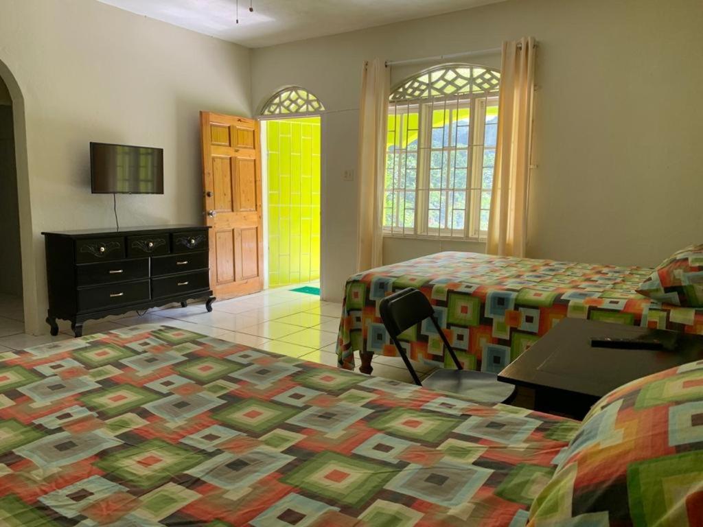 a bedroom with two beds and a desk and a dresser at ThA LaGooN SpOt Caribbean BrEeZe in Port Antonio