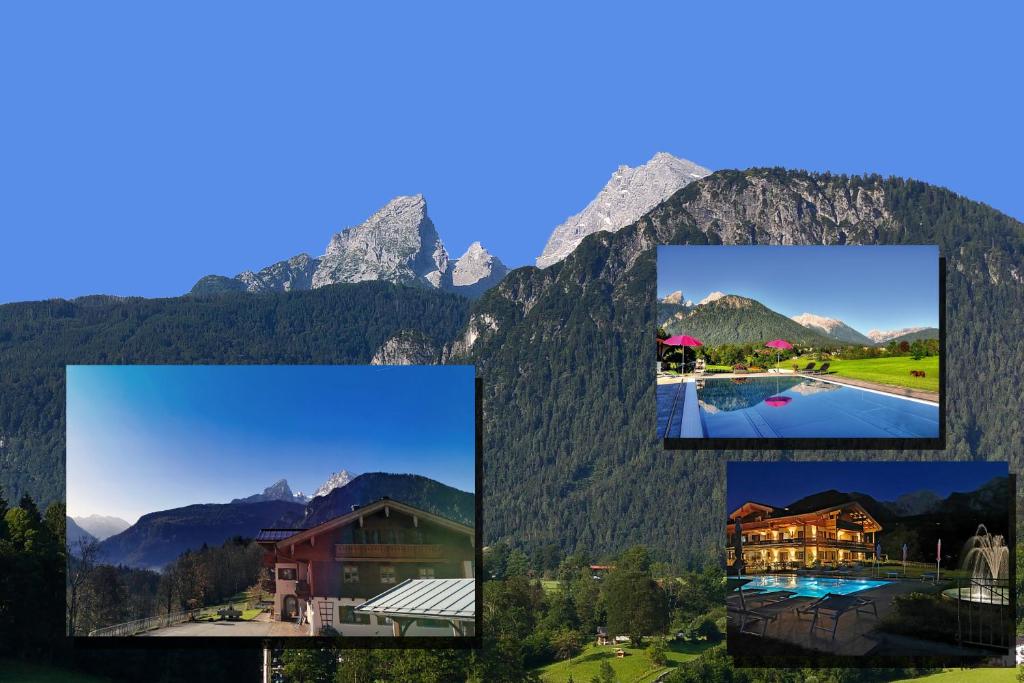 un collage de fotos de edificios y montañas en Gästehaus Obersulzberglehen, en Schönau am Königssee