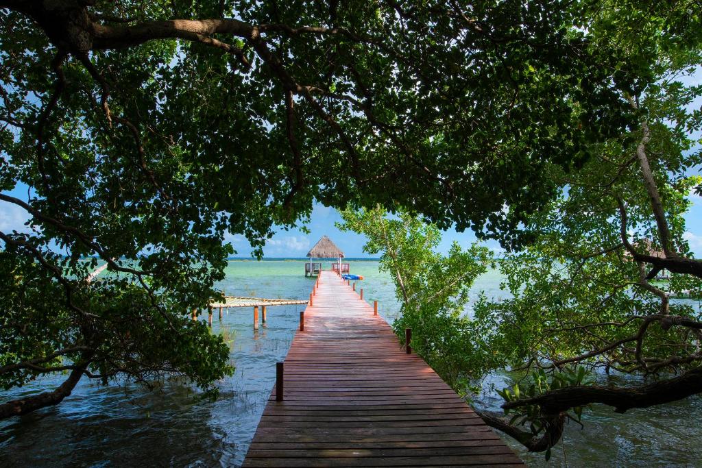 a wooden bridge with a view of the water at Casa Aakal Lagoon Front in Bacalar