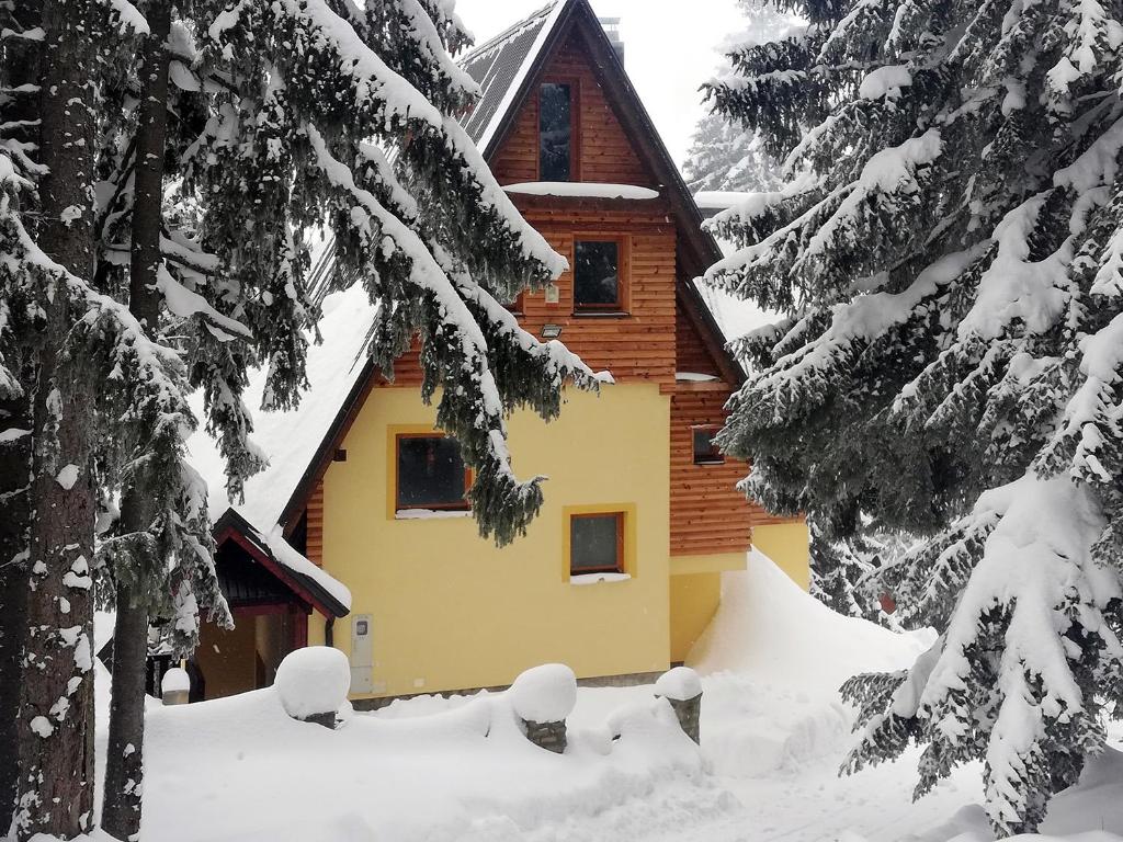 una cabaña de madera en la nieve con árboles nevados en Villa Franka - Vlašić en Vlasic