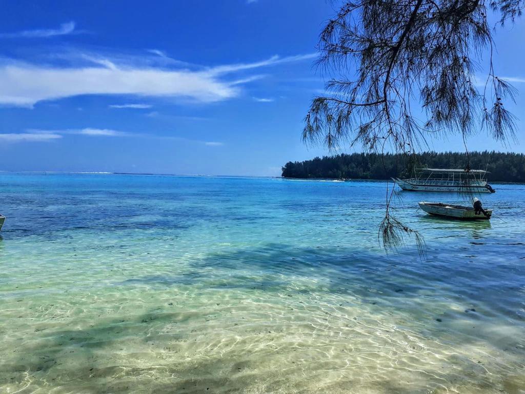 a boat in the water next to a beach at MOOREA - Local Spirit Iti 2 in Hauru