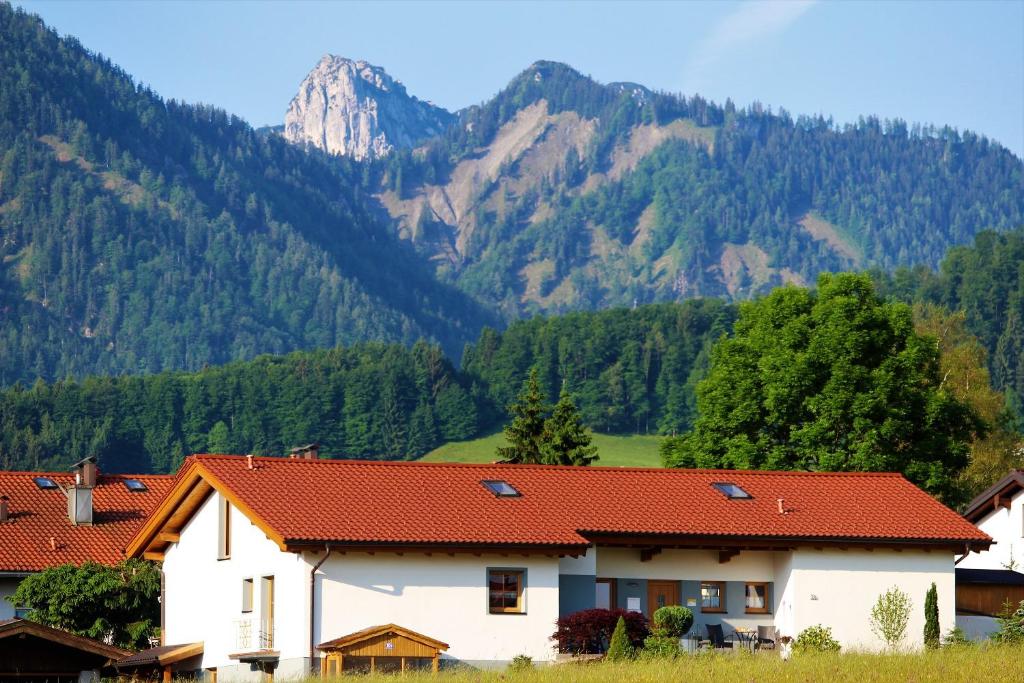 a house with a mountain in the background at Ferienhaus Haas in Ruhpolding