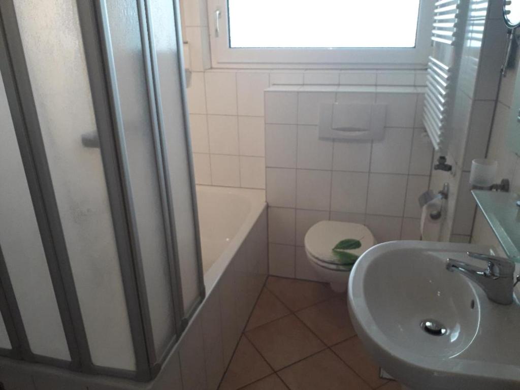 a bathroom with a sink and a toilet and a window at schöne 3 Zimmer Stadtwohnung in Eppelheim
