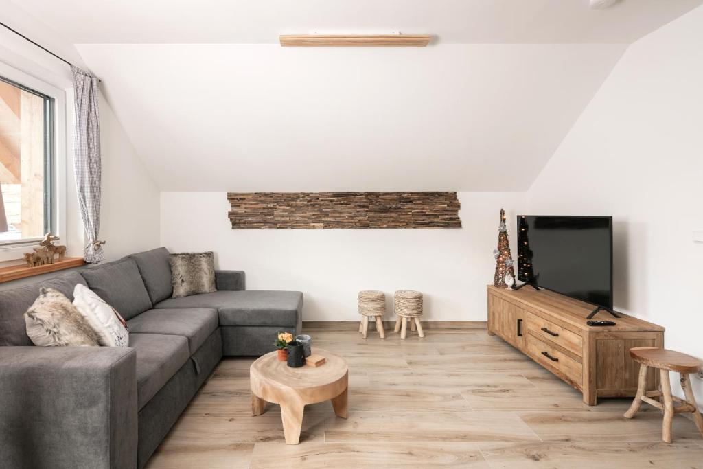 Televízia a/alebo spoločenská miestnosť v ubytovaní Pistenblick Alpin
