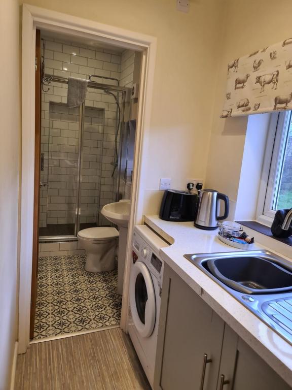 uma casa de banho com um lavatório e uma máquina de lavar roupa em Newditch Farm Accommodation em Bristol