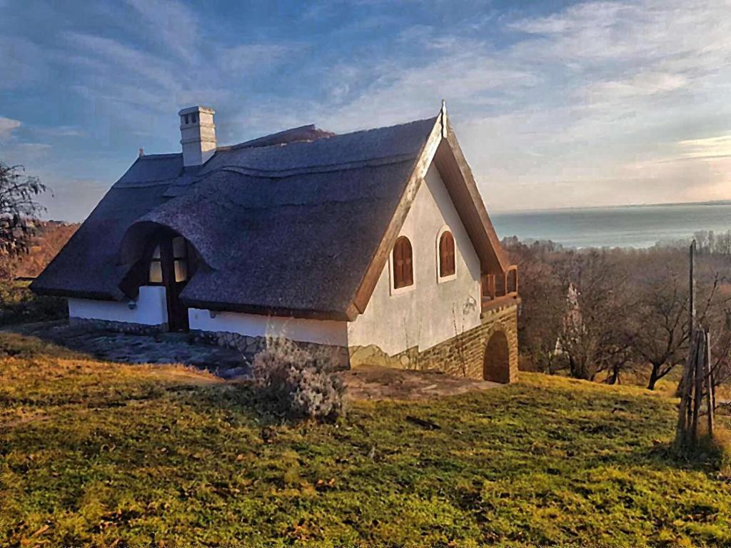 a small house on top of a grassy hill at Villa Kőrózsa Vendégház Tihany in Tihany