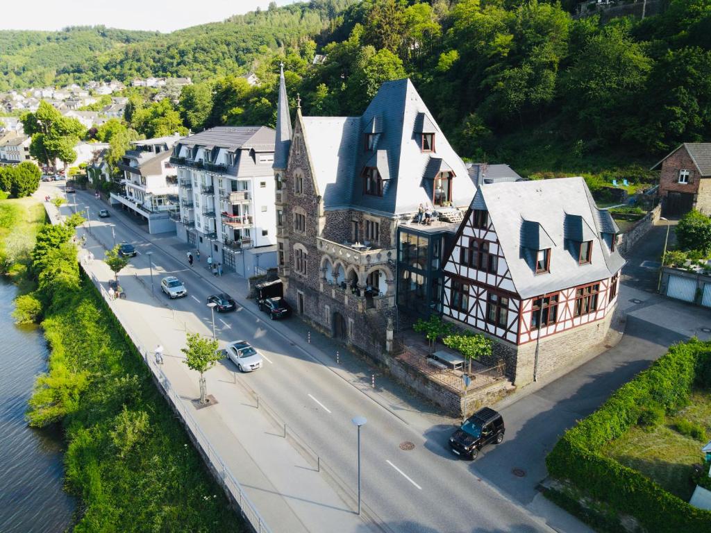 an aerial view of a building on a street at Hotel Villa Vie Cochem in Cochem