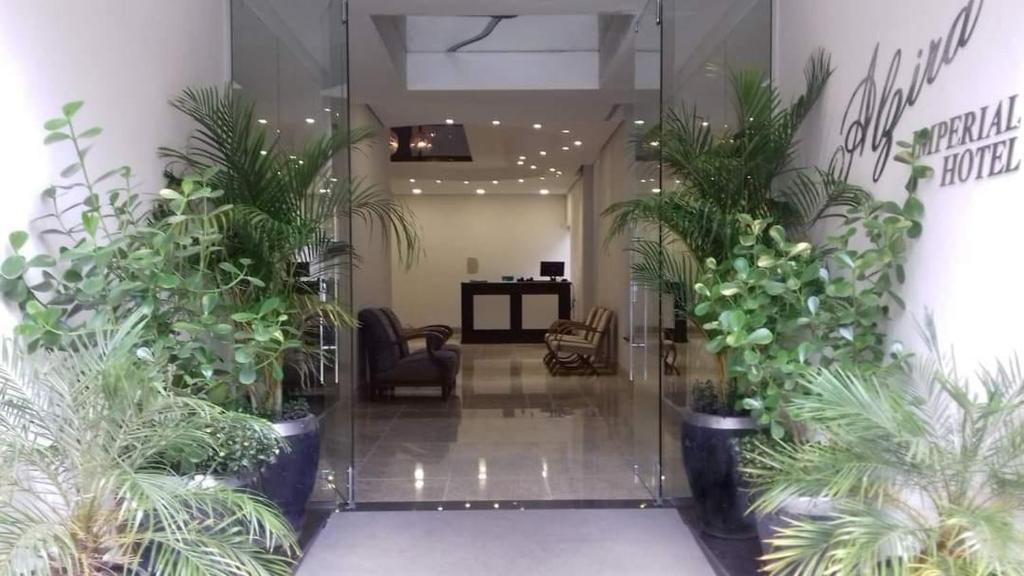 a hallway with potted plants in a lobby at Hotel Alzira Imperial in São Lourenço