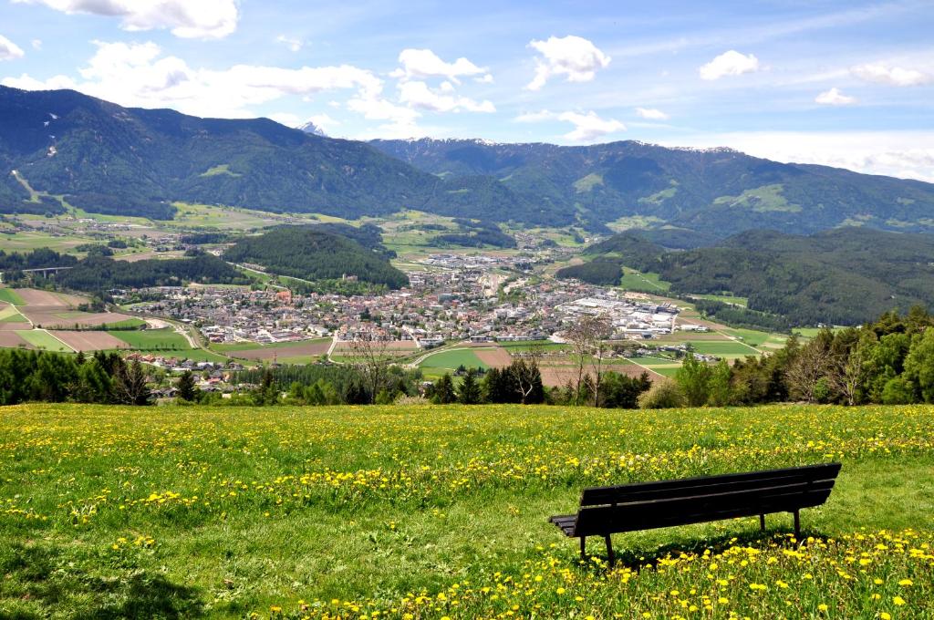 a bench sitting on a hill in a field of flowers at Aurturist Brunico in Brunico