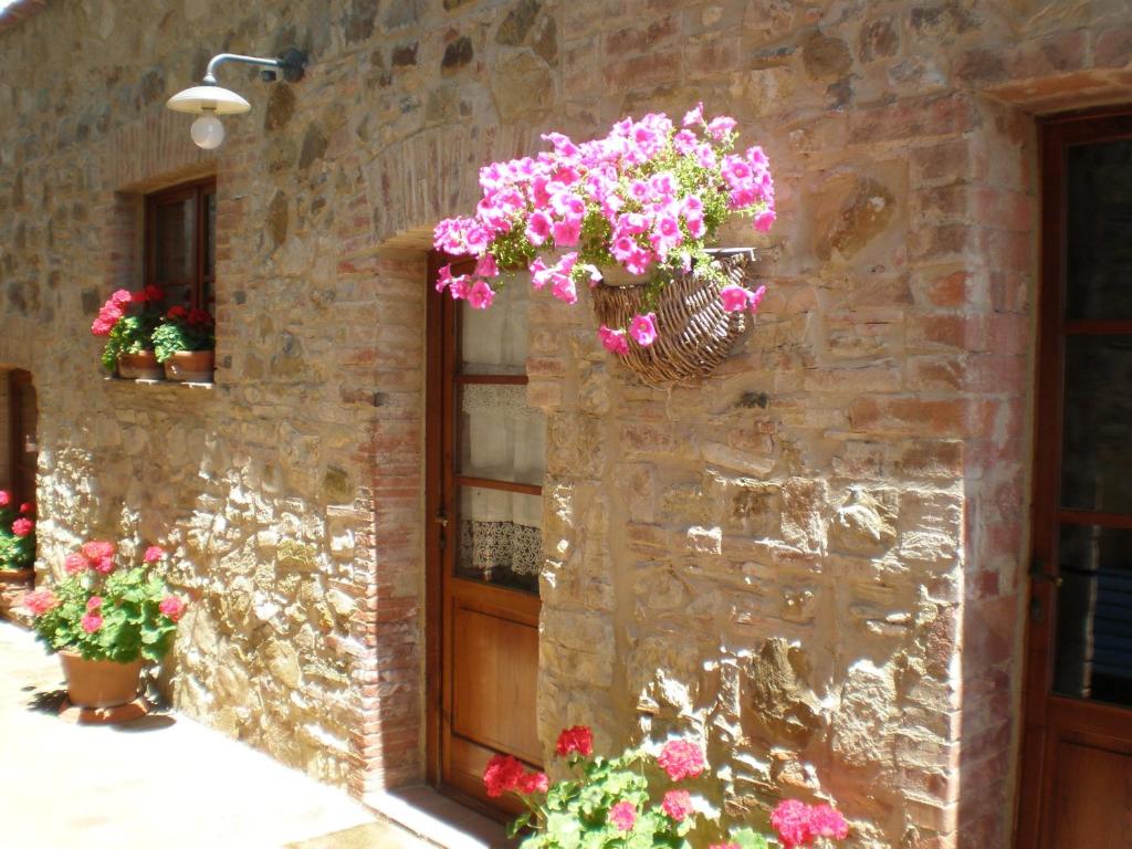 a basket of pink flowers hanging from a stone wall at Bellavista in Ponte A Bozzone
