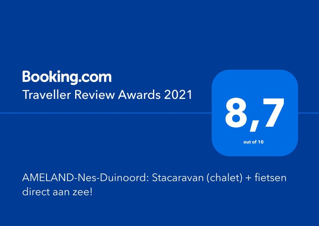 Certifikát, hodnocení, plakát nebo jiný dokument vystavený v ubytování AMELAND-Nes-Duinoord: Stacaravan (chalet) + fietsen direct aan zee!