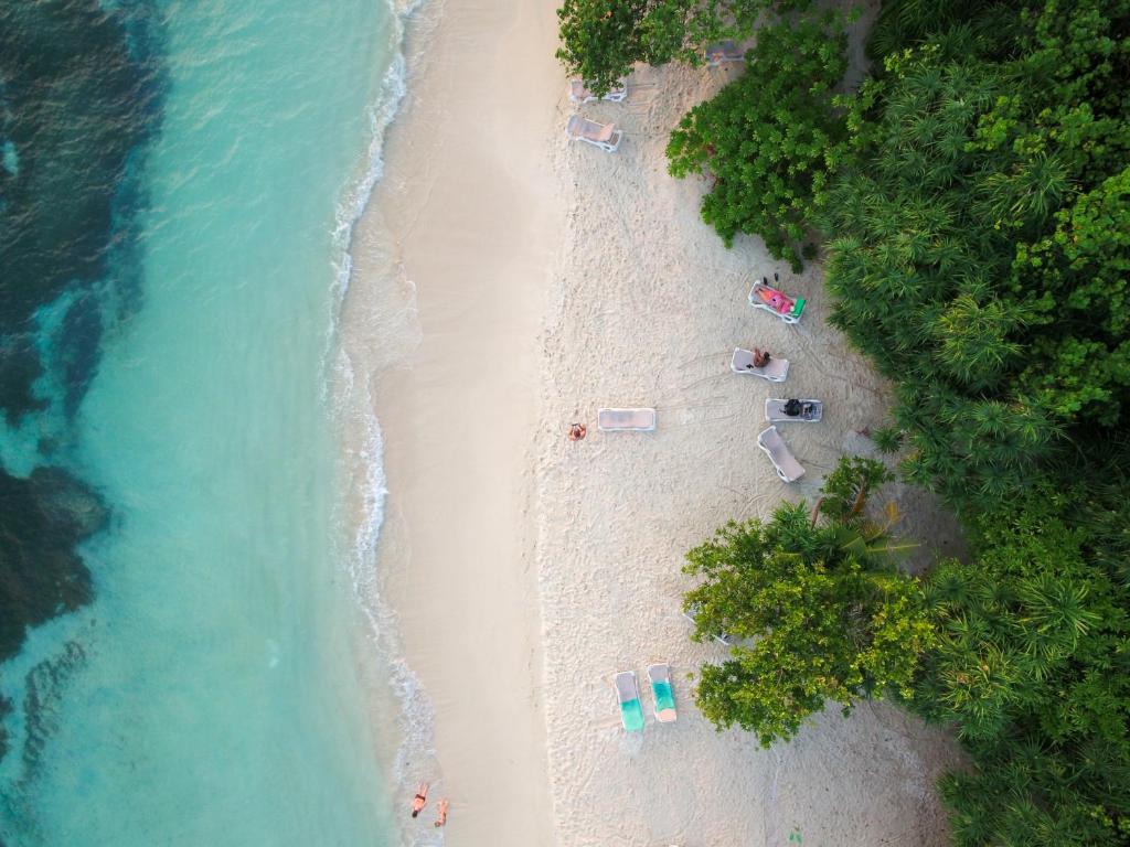 an overhead view of a beach with umbrellas and chairs at Quicksand Rasdhoo in Rasdhoo