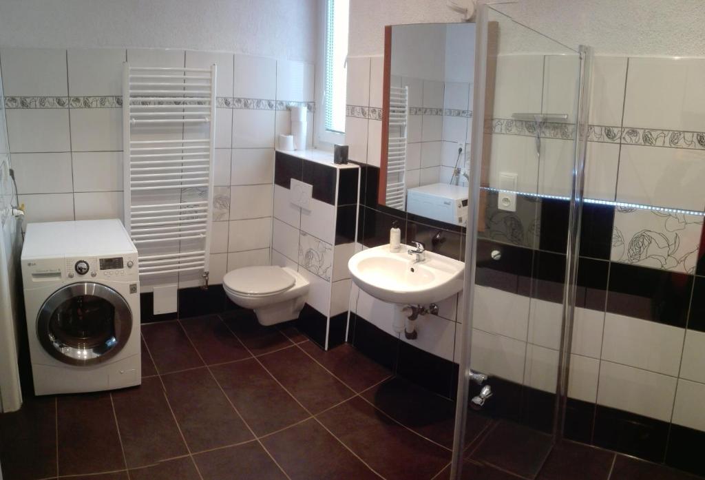 W łazience znajduje się umywalka i pralka. w obiekcie Apartmán Saxán Smržovka w mieście Smržovka