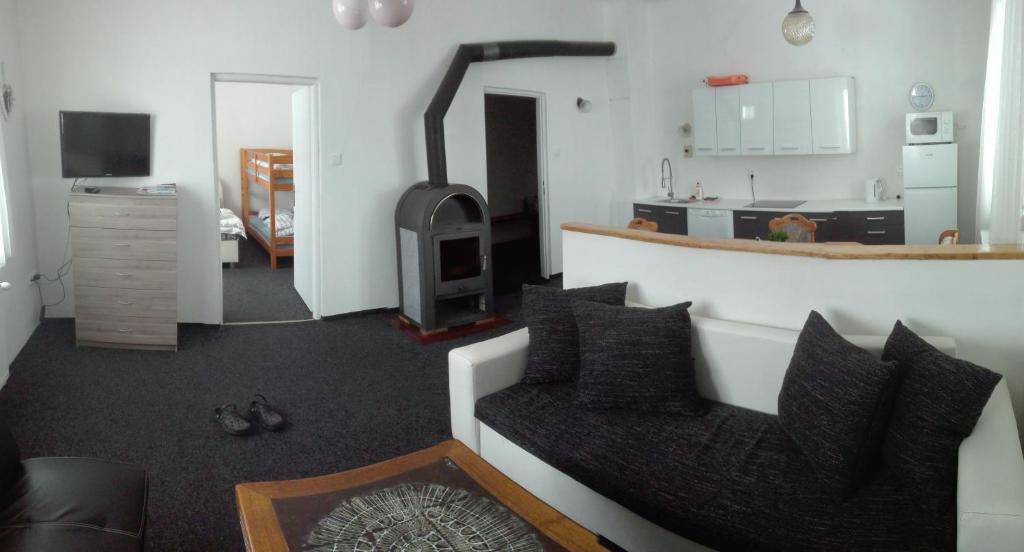 salon z kanapą i kuchenką w obiekcie Apartmán Saxán Smržovka w mieście Smržovka
