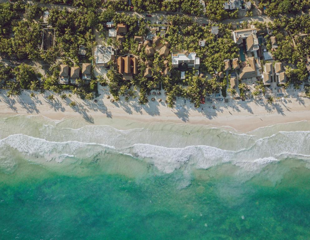 an aerial view of the beach and the ocean at Encantada Tulum in Tulum