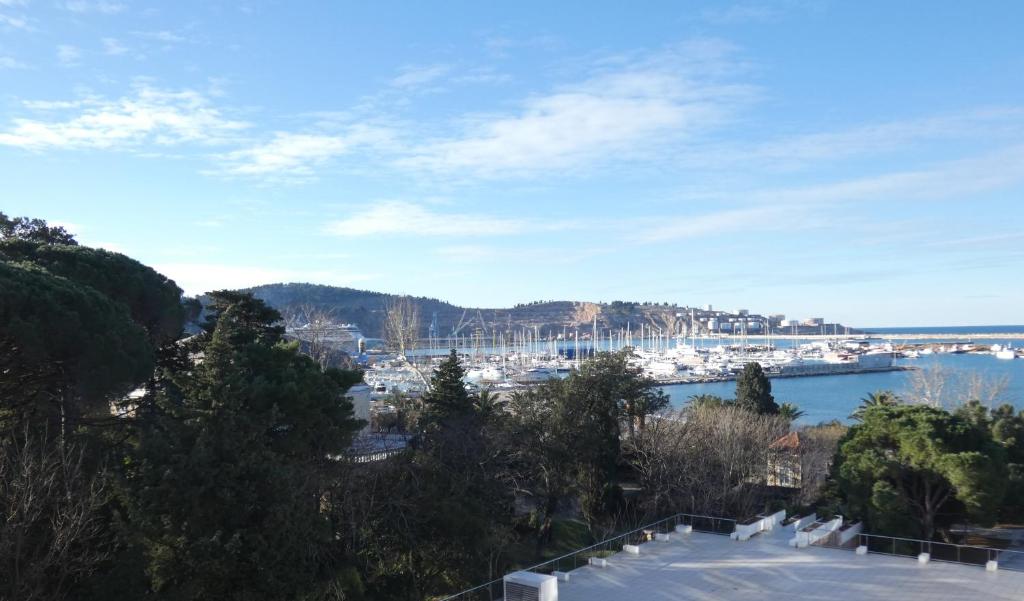 a view of a harbor with a marina at Hotel Princess in Bar
