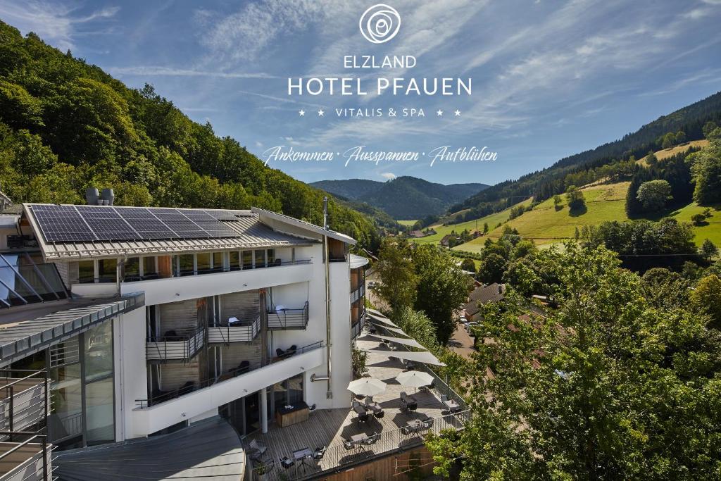 un edificio con vista sulle montagne di ElzLand Hotel Pfauen WELLNESS & SPA a Elzach