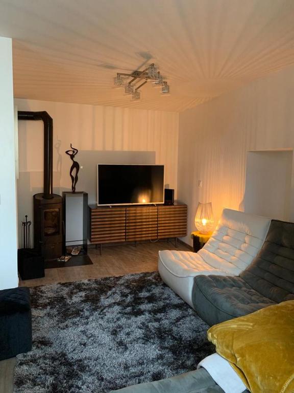 a living room with a couch and a flat screen tv at Lac et Montagne in Anthy