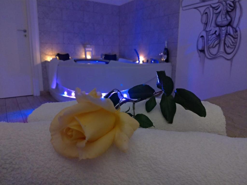 a rose on top of a bed with blue lights at B&B My Sicily in Giardini Naxos