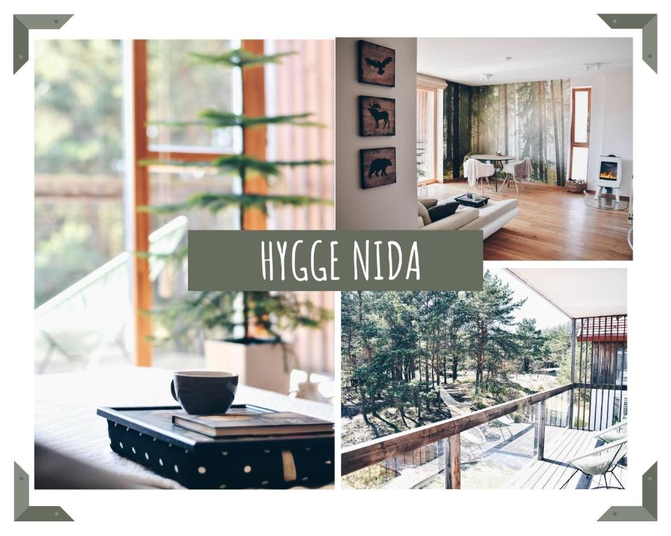 a collage of photos of a living room and a living room at Hygge style apartment Nida in Nida