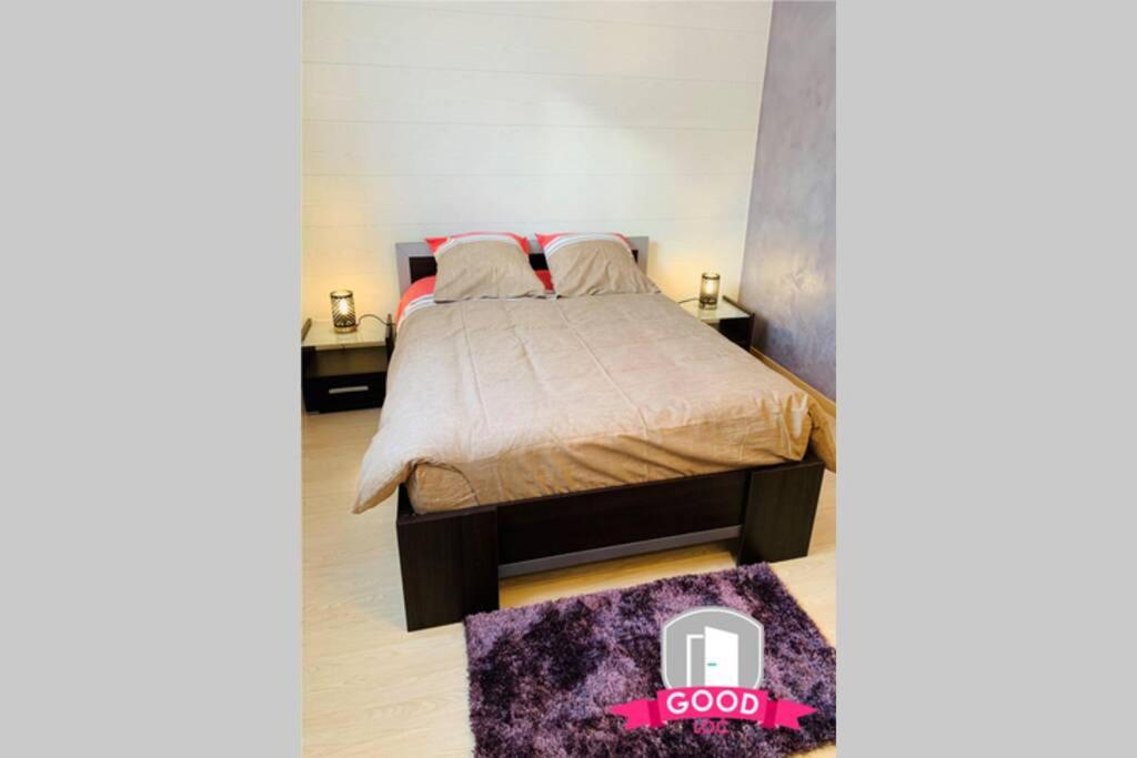 a bedroom with a bed and a purple rug at Le Micy - joli T2 + Parking in Orléans