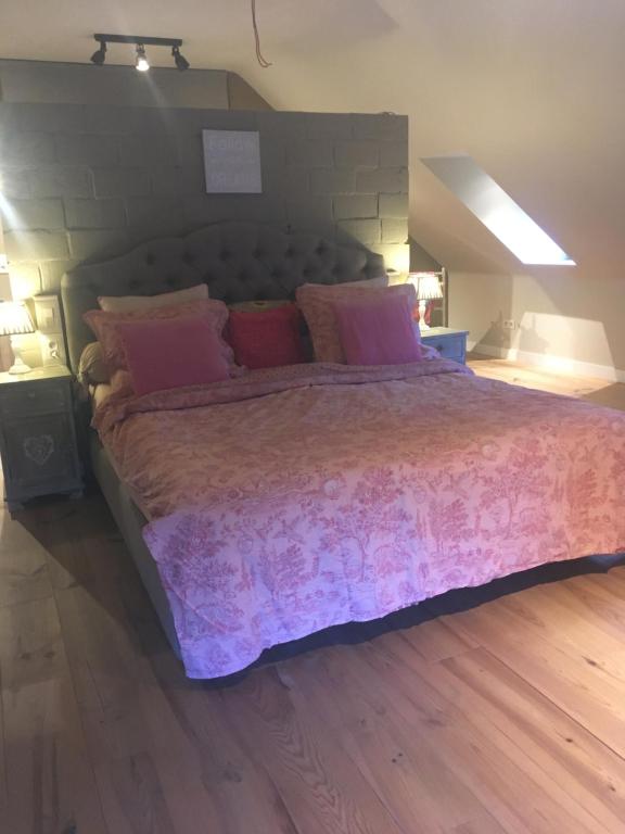 a bedroom with a large bed with pink blankets and pillows at Guesthouse &#39;t Goed Leven in Stokrooie