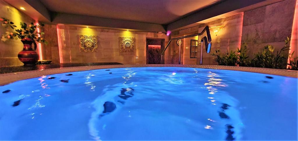 a large plunge pool in a house with blue water at Złota Regalinda & Spa in Międzyzdroje