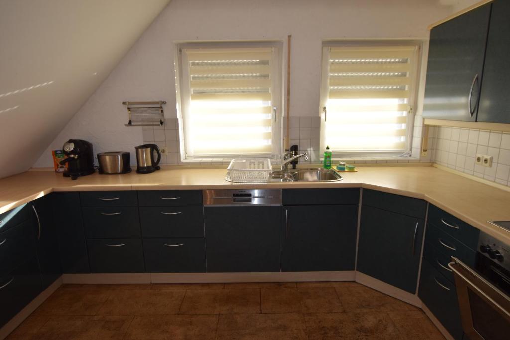 eine Küche mit einem Waschbecken und zwei Fenstern in der Unterkunft Apartment Asperg in Asperg