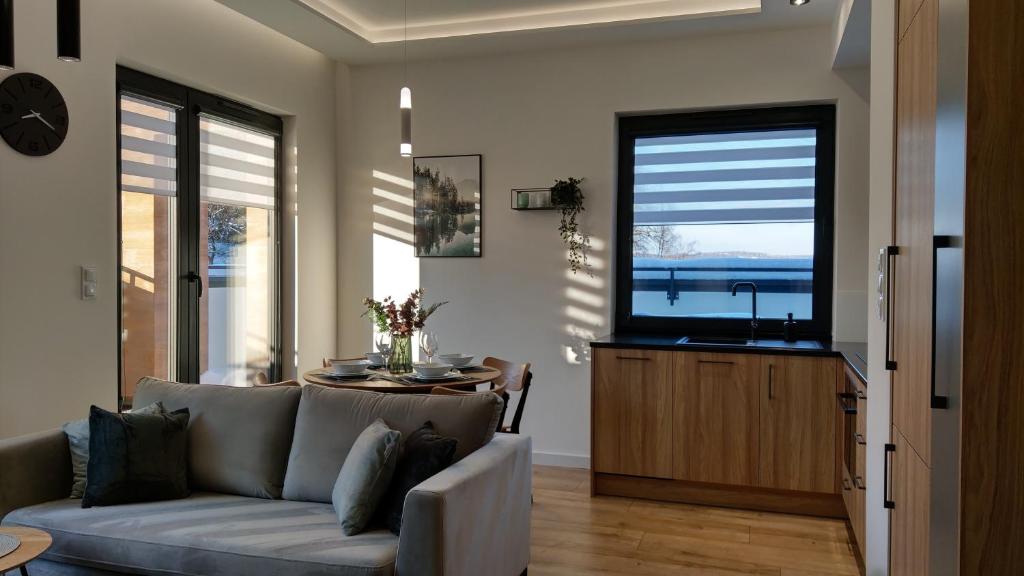 - un salon avec un canapé et une grande fenêtre dans l'établissement Apartament SunPark, à Przemyśl